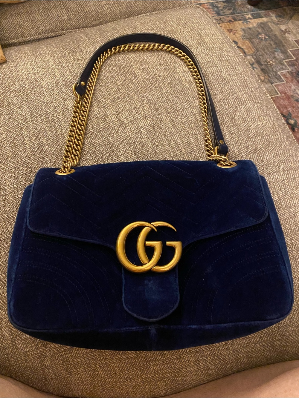 Gucci Navy Blue Velvet Shoulder Bag with Gold Hardware